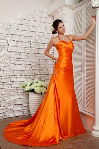 Customize Orange Red A-line Straps Evening Dresses for Celebrity with Court train