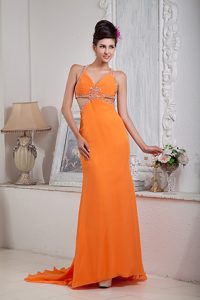 Beaded Halter Chiffon Brush Train Dresses for Celebrity in Orange with Cutouts