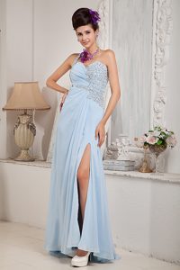 Cute Light Blue Empire One Shoulder Evening Dresses for Celebrity with High Slit