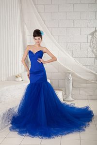Mermaid Sweetheart Tulle and Satin Chapel Train Celebrity Dresses in Royal Blue