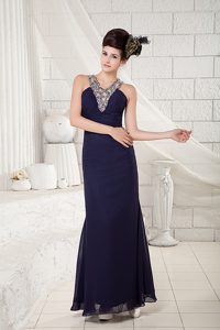 Affordable Navy Blue V-neck Chiffon Celebrity Party Dress in Ankle-length
