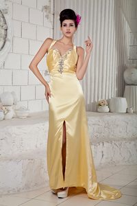 Discount Gold Empire Straps Brush Train Evening Dresses for Celebrity in Taffeta