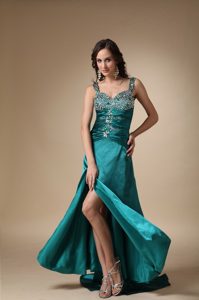 Turquoise Straps Brush Train Evening Dresses for Celebrity with High Slit