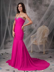Affordable Mermaid Ruched and Beaded Women Evening Dresses with Court Train