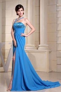 New Asymmetrical Neckline and Beaded Semi-formal Evening Dress with High Slit