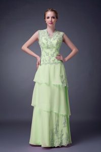 2014 Yellow Green Empire V-neck Chiffon Formal Evening Dresses with Appliques