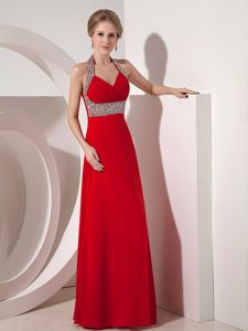 Beautiful Red Halter Top Ruched Semi-formal Evening Dress with Beading