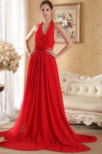 Popular Red Halter Top Chiffon Ruched Evening Dress
