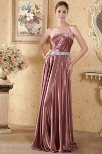 Elegant One Shoulder Elastic Woven Satin Beaded and Ruched Evening Dresses