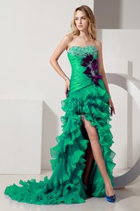 Green Sweetheart Beaded Ruffles Pageant Evening Gown with Court Train