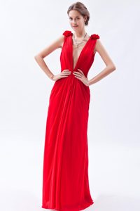 Red Empire V-neck Chiffon Evening Gown Dresses with Beading for Custom Made