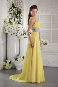 New Yellow Empire Halter Top Chiffon Beaded and Ruched Formal Evening Dress