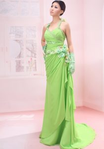 Beading Decorated Shoulder Spring Green Chiffon Halter Empire Evening Dress