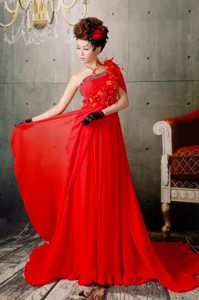 Red One Shoulder Summer Evening Dresses with Beading and Appliques