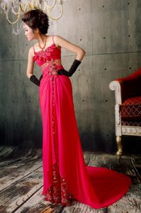 Hot Pink Appliqued and Beaded Spaghetti Straps Womens Evening Dress