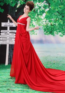 Customize V-neck Red 2013 Evening Gown Dress with Beading and Ruche
