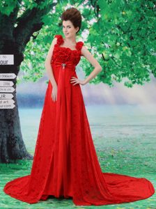Beautiful Red Square Evening Wear Dress in Lace with Handle Flowers