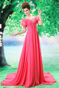 Beaded V-neck Women Evening Dresses with Bubble Sleeve in Coral Red