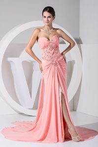 Fitted Baby Pink Summer Evening Dress with High Slit and Watteau Train