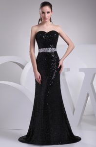 Sweetheart Women Evening Dresses in Black Sequins with Beaded Sash