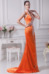 V-neck Affordable Evening Dresses with White Appliques in Orange Red