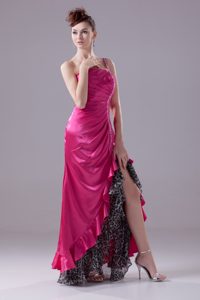 Beaded and Ruched Hot Pink One Shoulder High-low Petite Evening Dress