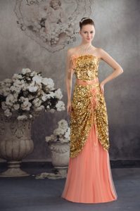 Hot Gold and Peach Evening Dress for Women with Paillette and Flowers