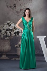 Teal V-neck Ruched Evening Gowns Dresses with Beading and Appliques