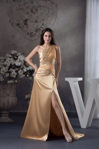 High Slit Gold One Shoulder Evening Wear Dress with Beading and Ruche