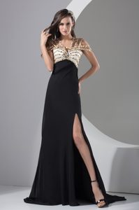 Beaded High Slit Affordable Evening Dresses with Cool Neckline in Black