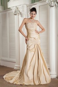 New Champagne Strapless Evening Dress Patterns with Appliques