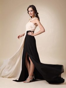 Champagne and Black Empire V-neck Prom Party Dresses with Side Slit