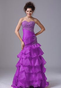 Purple Mermaid Beaded Sweetheart Prom Celebrity Dresses in Organza with Ruffles