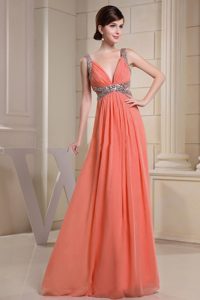 Orange Red V-neck Prom Wedding Dresses with Beading and Side Outs