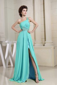 Apple Green High Slit One Shoulder Prom Holiday Dress with Ruching and Beading