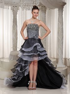 Strapless High-low Beaded Prom Cocktail Dresses with Hand Flowers and Ruffles