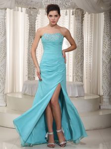 Light Blue Empire Beaded Sweetheart Long Chiffon Prom Dress with Side Slit