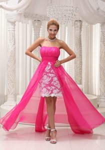 Hot Pink High Low Ruched Chiffon Lovely Prom Gown Dress with Strapless