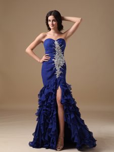 Cheap Blue Mermaid Sweetheart Chiffon Junior Prom Dress with Brush Train