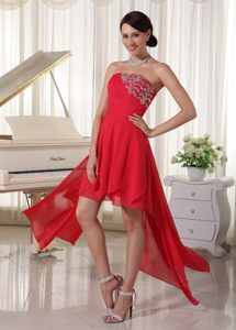 Nice Red Chiffon High Low Ruched and Beaded Prom Outfits with Strapless