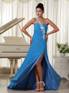 One Shoulder Sky Blue High Slit Prom Dress with Appliques On Promotion