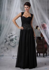 Beaded Black Chiffon Perfect Semi-formal Prom Gown Dress in Floor-length