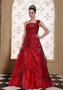 Affordable A-line One Shoulder Flowers Decorate Prom Outfits in Wine Red