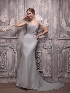 Gray Empire V-neck Beaded Chiffon Nice Prom Dresses with Brush Train