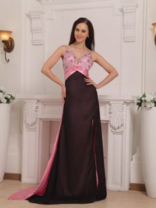 Pink and Black Sweet Straps Brush Train Semi-formal Prom Dress