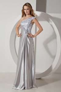 Silver Beaded One Shoulder Nice Senior Prom Dress in Floor-length
