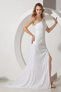 Pretty White One Shoulder Informal Prom Dress with Brush Train
