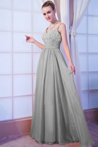 Gray Empire Straps Beaded Chiffon Nice Prom Gown Dress with Brush Train