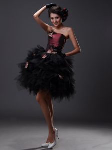Flowers Strapless Tulle Cute Informal Prom Dress in Burgundy and Black