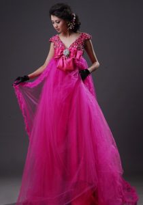 Sweet Empire Organza Long Fuchsia Prom Dresses with V-neck